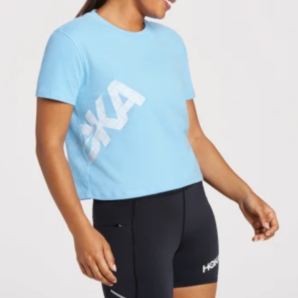 HOKA ONE ONE Blue Cropped Running Workout Gym Tee L - Picture 5 of 11